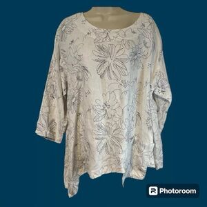 Linen Lagenlook Asymmetrical Doodle Print Small Blouse Mosaic Made in USA Shirt